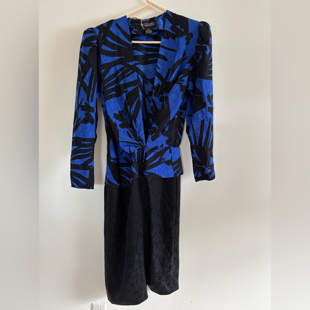 Vintage Nordstrom Blue and Black Long Sleeve Dress‎